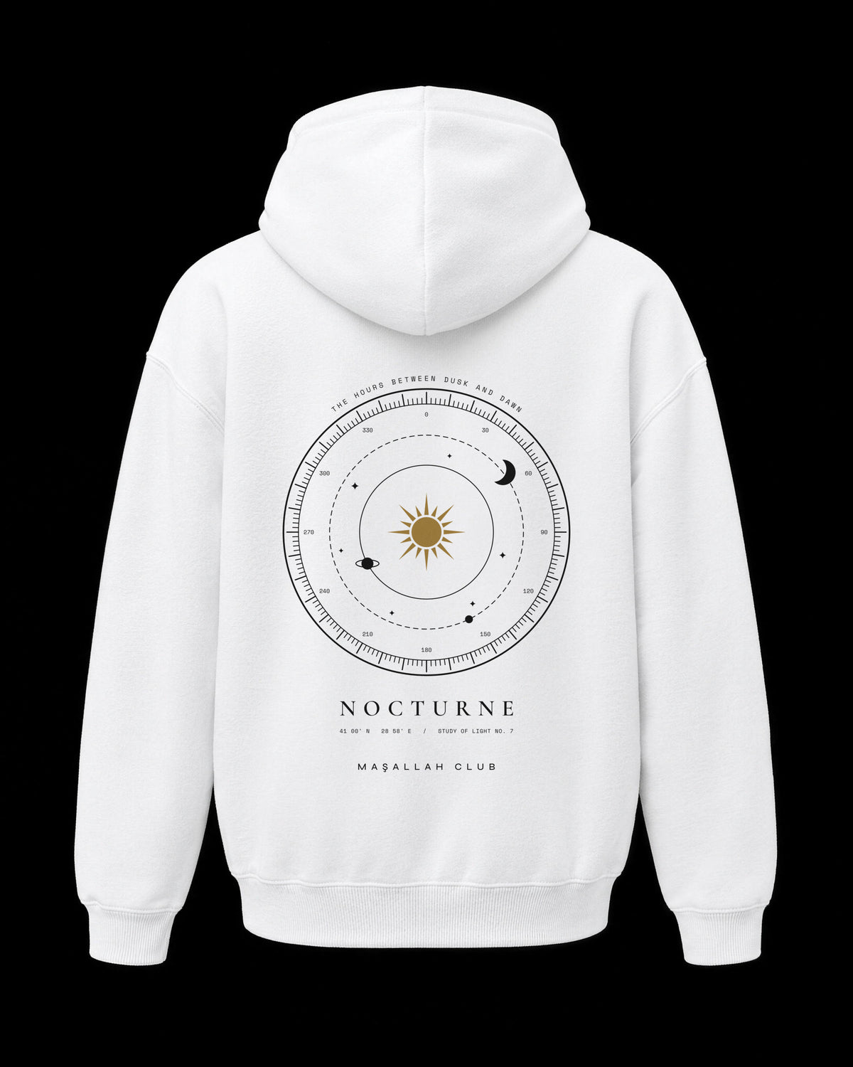Nocturne Hoodie beyaz, sırt baskısı