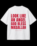 Maşallah Club Angel Tee beyaz oversize tişört, sırtta kırmızı LOOK LIKE AN ANGEL GOD BLESS MASALLAH baskısı