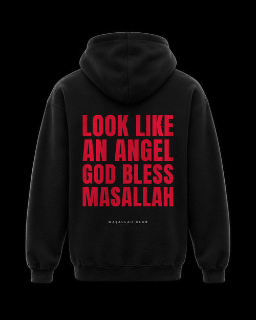 Angel Hoodie Kırmızı Blok, siyah hoodie sırt baskısı
